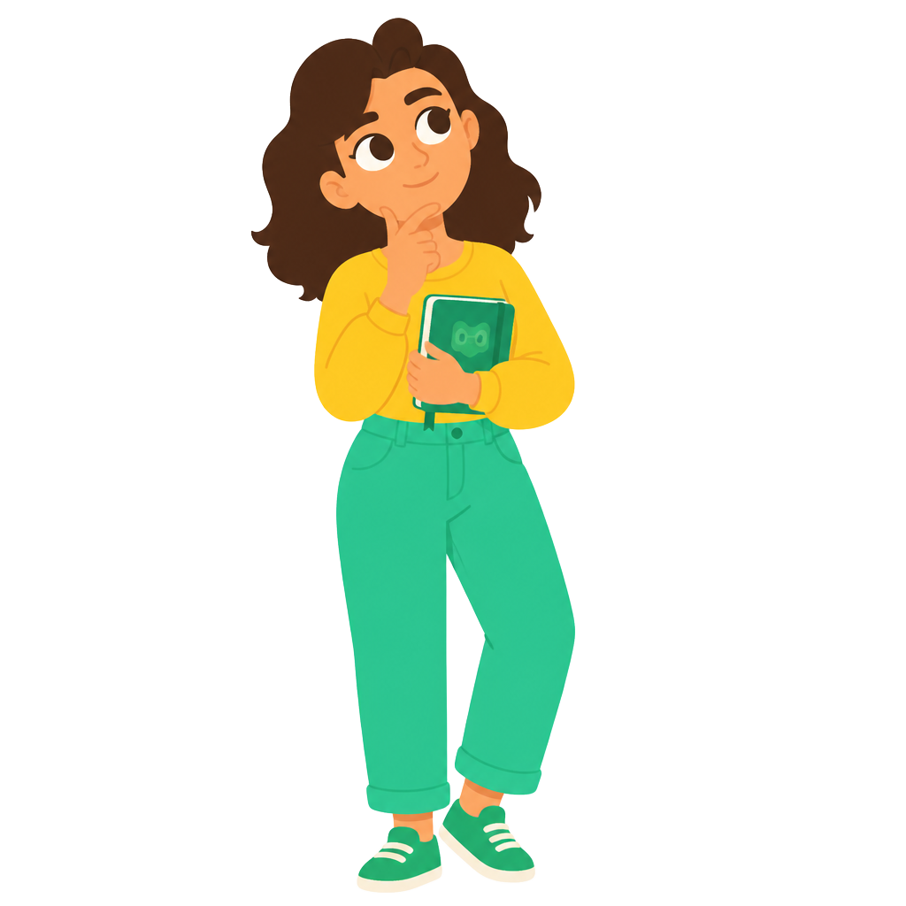 Ilustração de mulher pensativa segurando um caderno